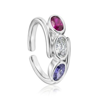 Three-Stone Adjustable Sterling Silver Ring with Pink, Clear, and Purple Gemstones